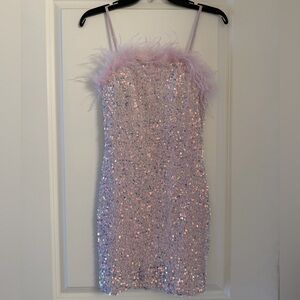 Crystal Doll Iridescent Sequin Kids Dress with Feather Trim
